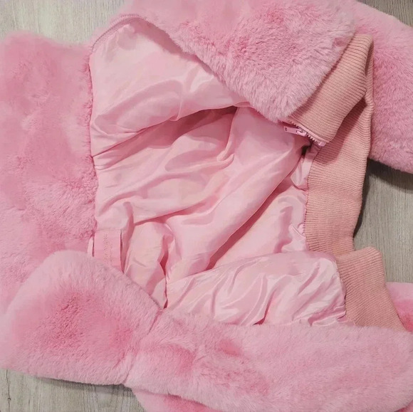 Faux Fur Cropped Bomber Jacket Pink Fluffy Coat Warm Winter Outerwear - Picture 2 of 9